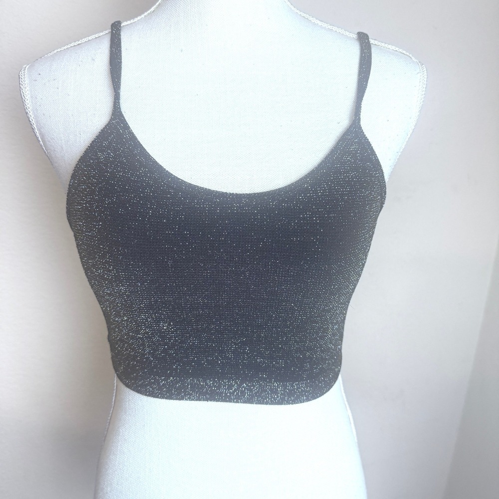 Forever 21 black metallic shimmer crop top tank cami sparkle rave club sz S